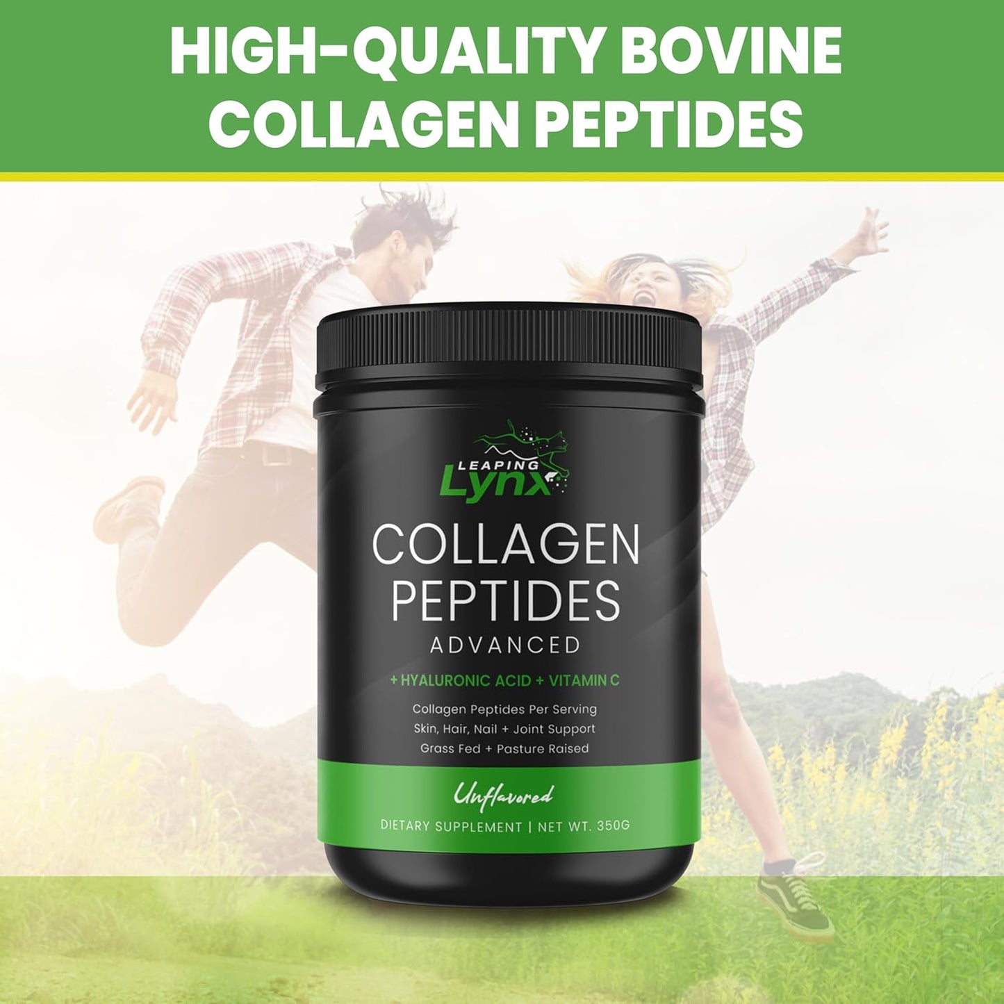 Leaping Lynx Grass-Fed Collagen Peptides Powder - 20g Servings, Unflavored Protein for Hair, Skin, Nails, Joints & Bones - Keto & Paleo Friendly, Type I & III, Gluten Free, Zero Sugar - Non-GMO