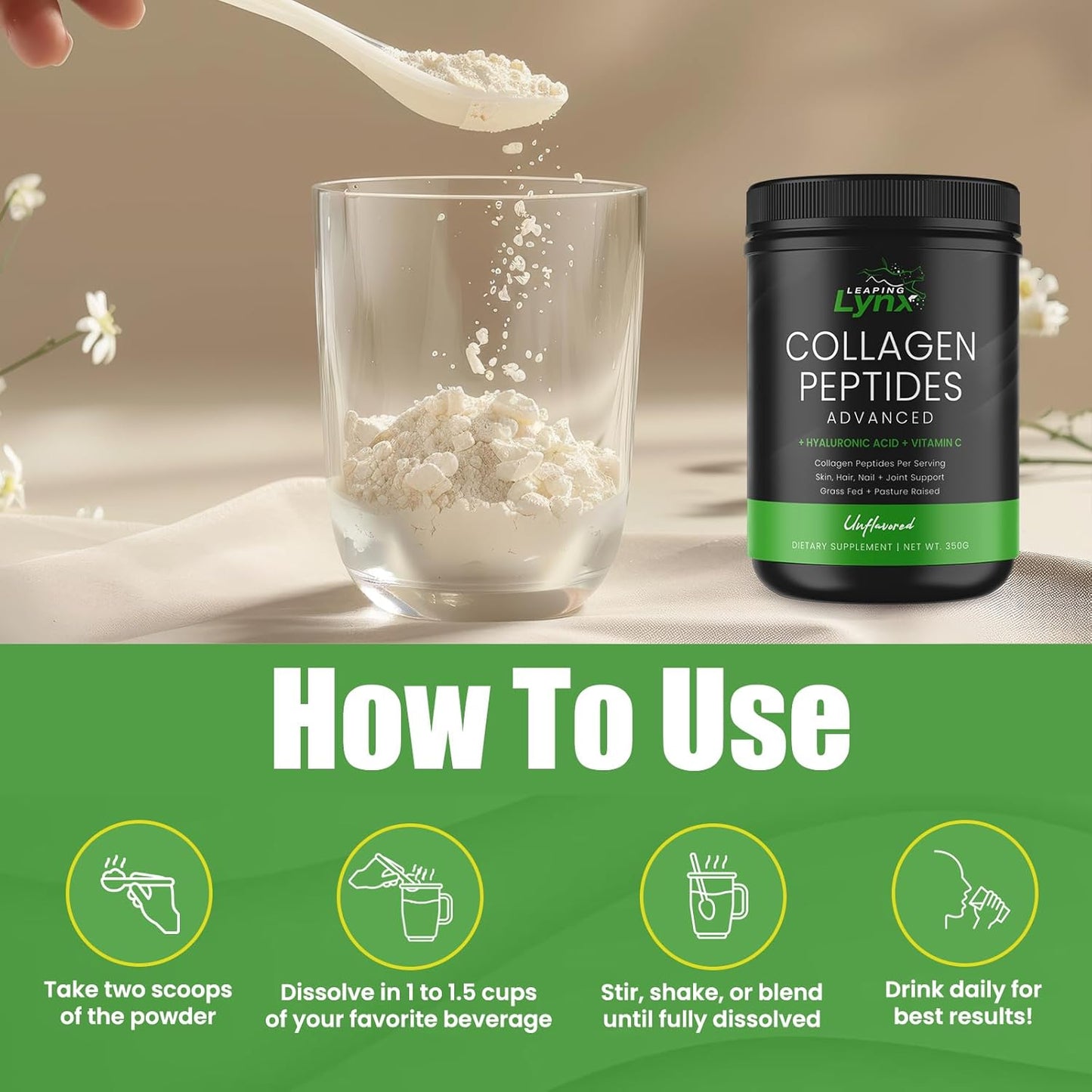Leaping Lynx Grass-Fed Collagen Peptides Powder - 20g Servings, Unflavored Protein for Hair, Skin, Nails, Joints & Bones - Keto & Paleo Friendly, Type I & III, Gluten Free, Zero Sugar - Non-GMO