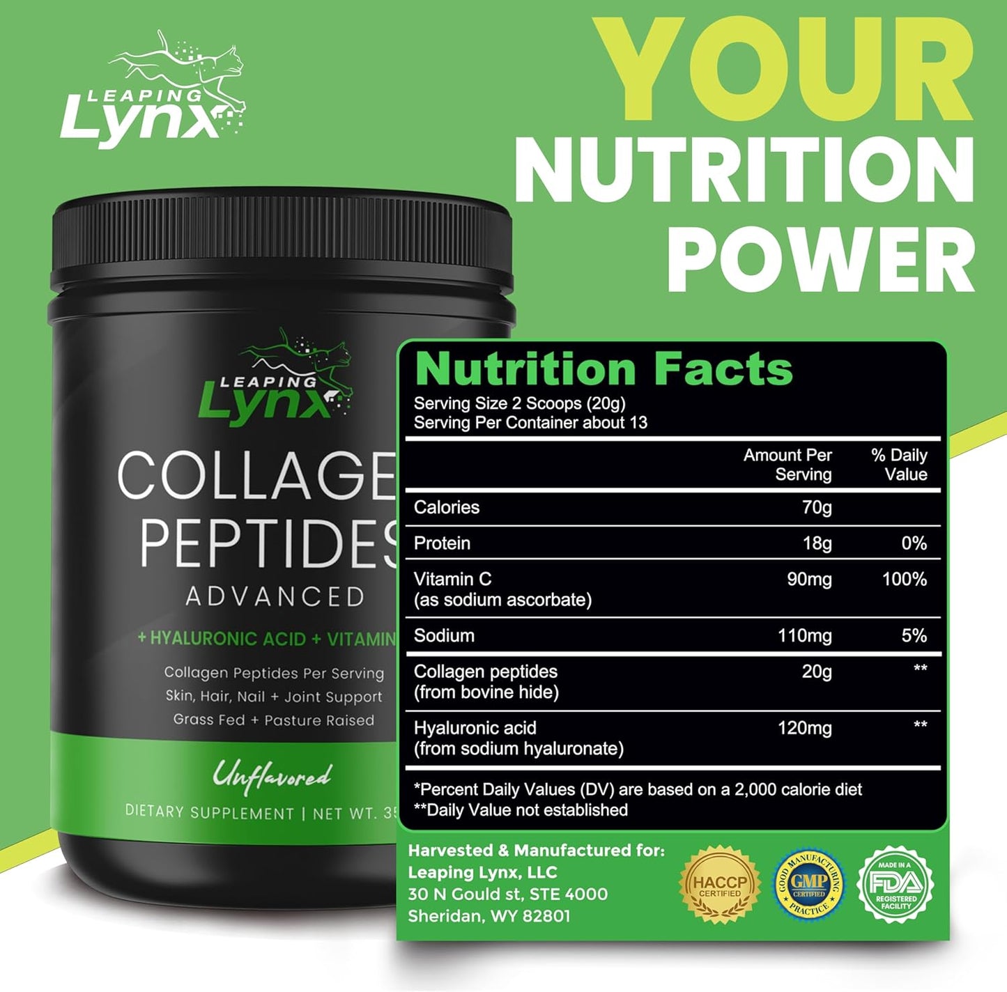 Leaping Lynx Grass-Fed Collagen Peptides Powder - 20g Servings, Unflavored Protein for Hair, Skin, Nails, Joints & Bones - Keto & Paleo Friendly, Type I & III, Gluten Free, Zero Sugar - Non-GMO