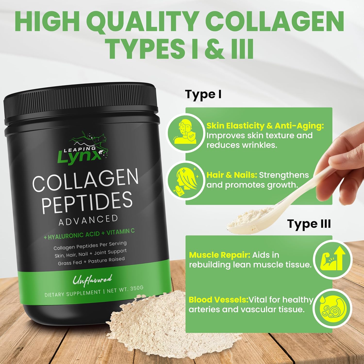 Leaping Lynx Grass-Fed Collagen Peptides Powder - 20g Servings, Unflavored Protein for Hair, Skin, Nails, Joints & Bones - Keto & Paleo Friendly, Type I & III, Gluten Free, Zero Sugar - Non-GMO