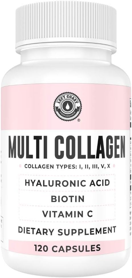Left Coast Performance Collagen Capsules: 120 Count for Skin, Hair, Nails, and Joint Health - With Biotin, Hyaluronic Acid, and Vitamin C - Hydrolyzed Multi Collagen Peptide Types I, II, III, V, X