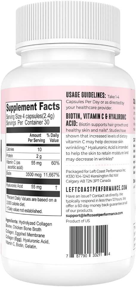 Left Coast Performance Collagen Capsules: 120 Count for Skin, Hair, Nails, and Joint Health - With Biotin, Hyaluronic Acid, and Vitamin C - Hydrolyzed Multi Collagen Peptide Types I, II, III, V, X