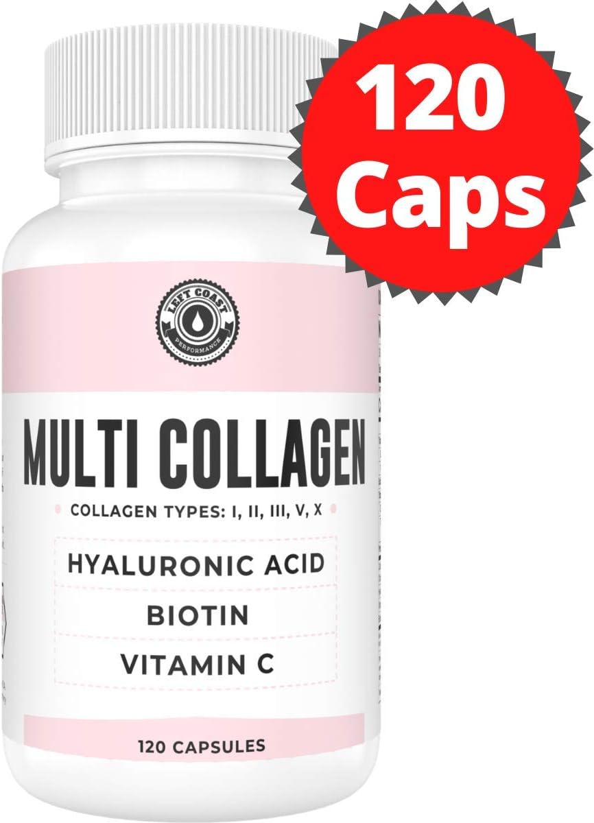 Left Coast Performance Collagen Capsules: 120 Count for Skin, Hair, Nails, and Joint Health - With Biotin, Hyaluronic Acid, and Vitamin C - Hydrolyzed Multi Collagen Peptide Types I, II, III, V, X