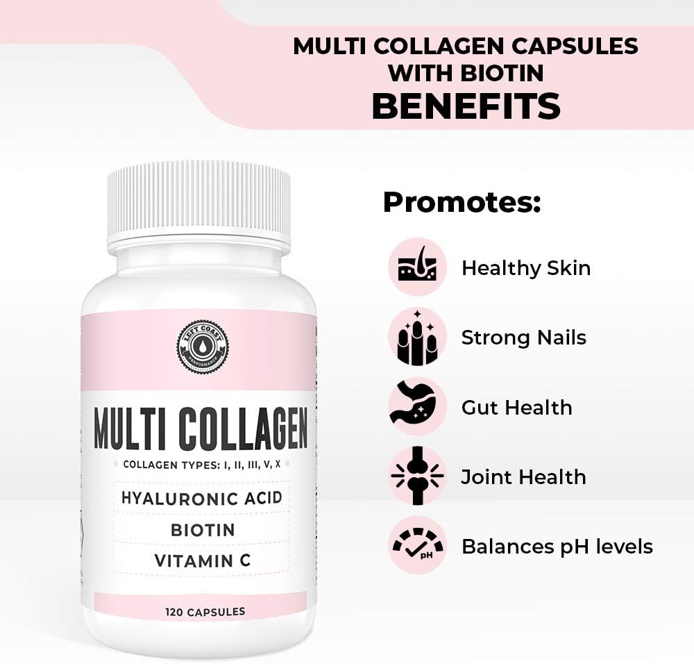 Left Coast Performance Collagen Capsules: 120 Count for Skin, Hair, Nails, and Joint Health - With Biotin, Hyaluronic Acid, and Vitamin C - Hydrolyzed Multi Collagen Peptide Types I, II, III, V, X