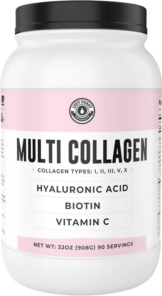 Left Coast Performance Multi Collagen Powder: 2lb Value Size with Biotin, Hyaluronic Acid, Vitamin C - Hydrolyzed Supplement for Hair, Skin, Nails (Types I, II, III, V, X)