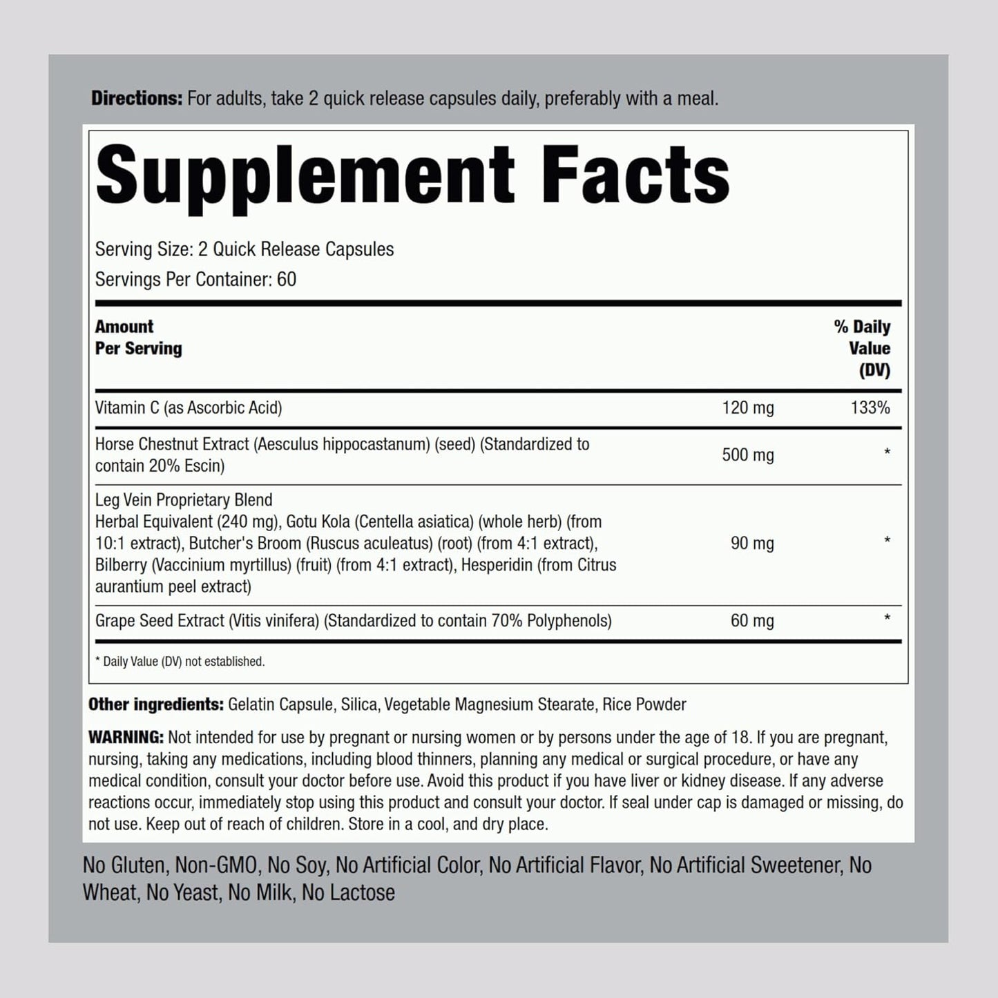 Leg Vein Supplement | 120 Capsules, Non-GMO & Gluten Free | Promotes Healthy Vein Function | Piping Rock