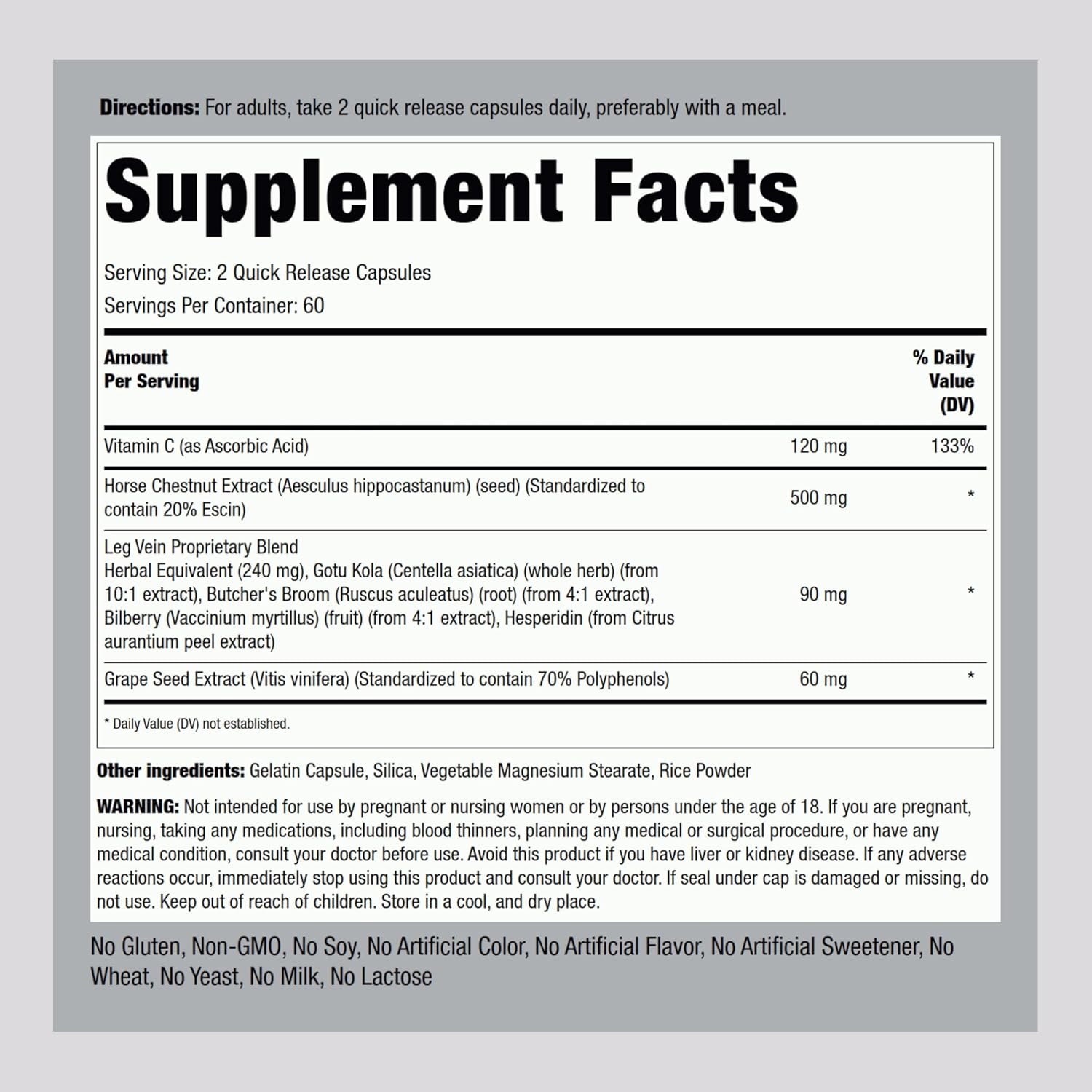 Leg Vein Supplement | 120 Capsules, Non-GMO & Gluten Free | Promotes Healthy Vein Function | Piping Rock