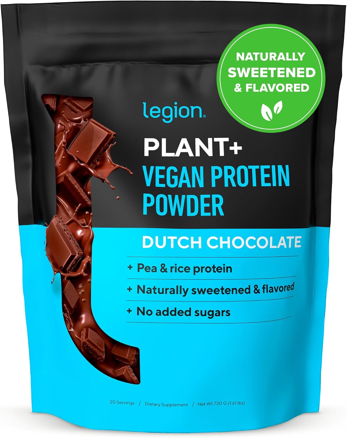 LEGION Plant+ Chocolate Vegan Protein Powder - Rice & Pea Blend, Gluten-Free, Non-GMO, Naturally Sweetened, 20 Servings