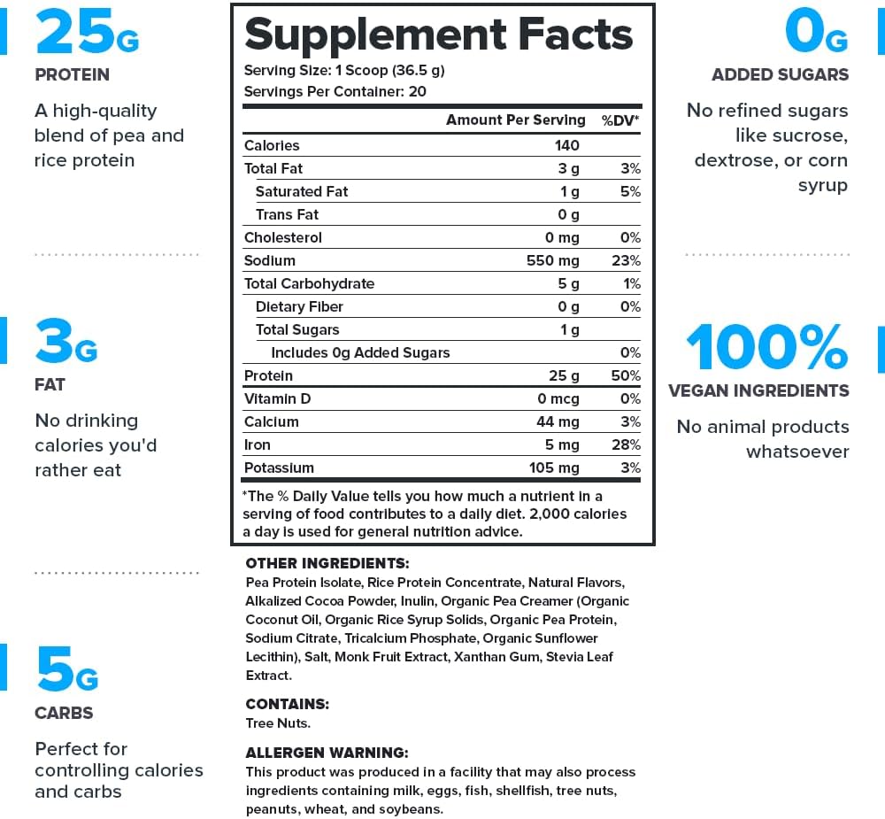 LEGION Plant+ Chocolate Vegan Protein Powder - Rice & Pea Blend, Gluten-Free, Non-GMO, Naturally Sweetened, 20 Servings