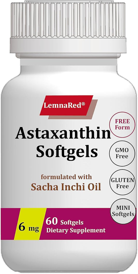 LemnaRed Astaxanthin Softgels - 6mg Free-Form Antioxidant Supplement with Sacha Inchi Oil - 60 Softgels for Immune, Eye, Joint & Skin Health