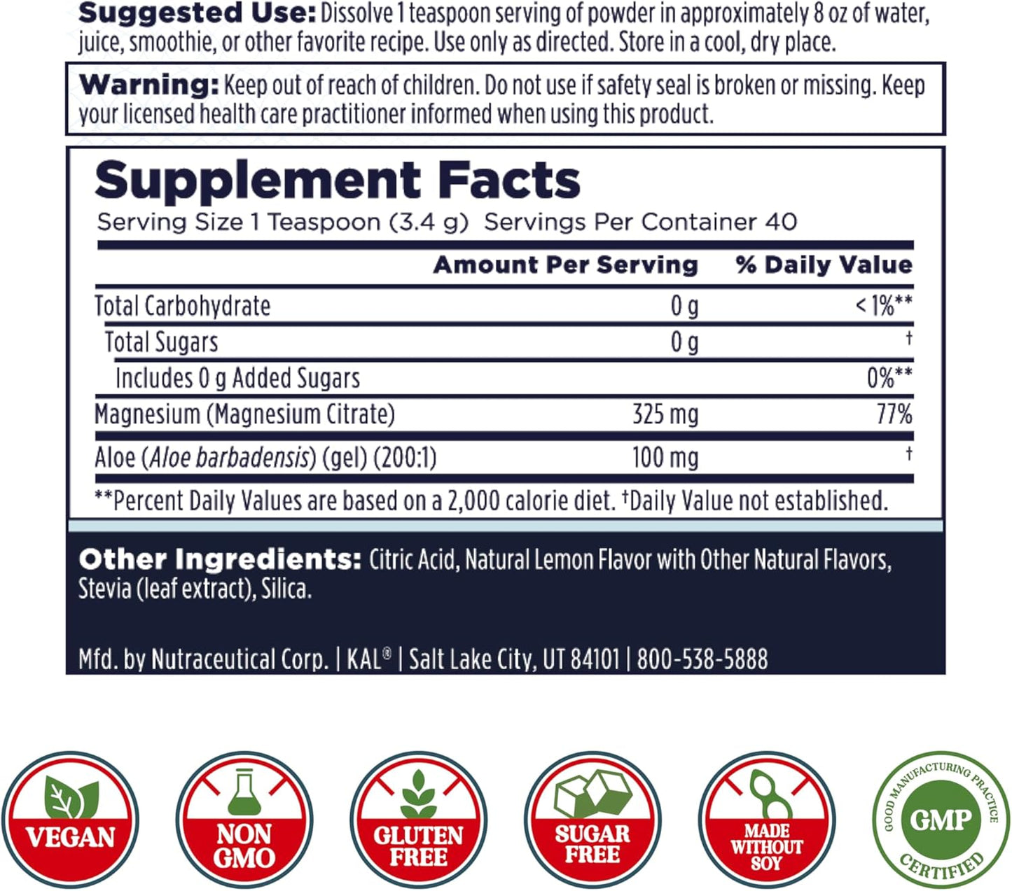 Lemon Aloe Vera Magnesium Citrate Powder Mix - Digestion & Relaxation Support - No Sugar - 40 Servings, 4.8 OZ - 60-Day Guarantee