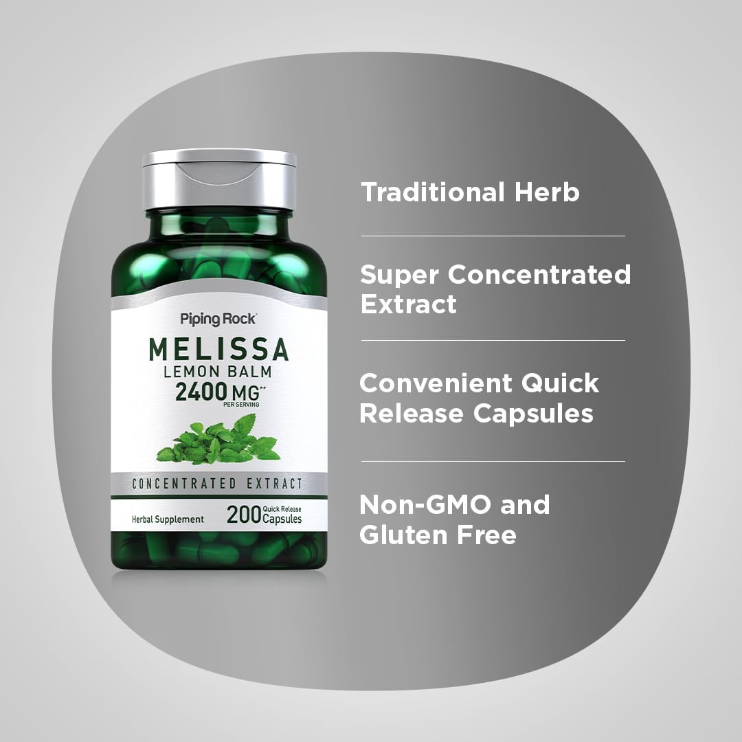 Lemon Balm Extract Capsules 2400mg | 200 Count | Melissa Herbal Supplement | Gluten Free, Non-GMO by Piping Rock