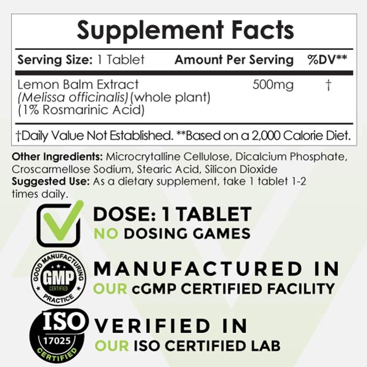 Lemon Balm Extract Tablets | 500mg | 120 Count | Nootropics Depot 10:1 Water Ethanol Extract