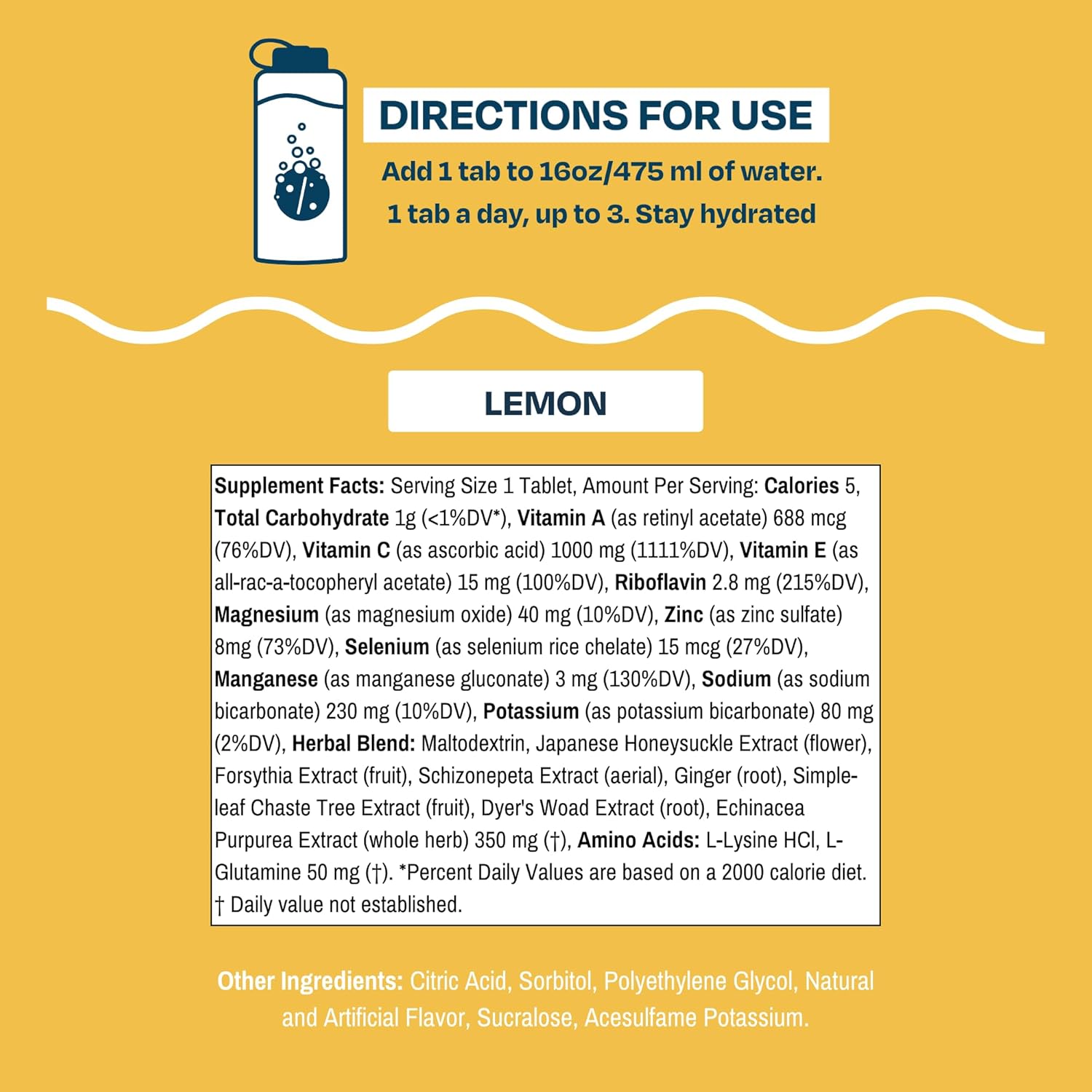Lemon Daily Immune Support Tablets with Vitamin C and Electrolytes - Zero Sugar - Botanical Blend - 10 Servings