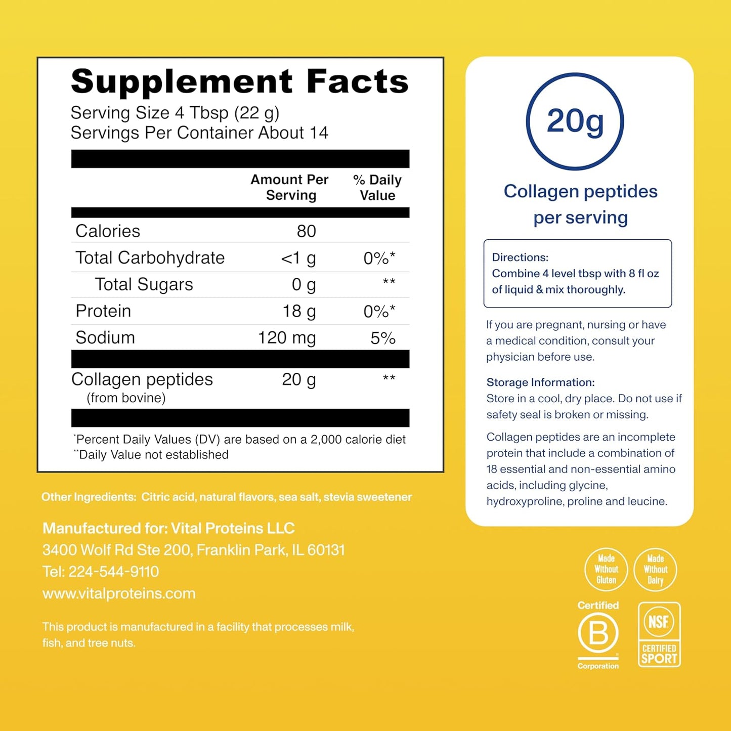 Lemon Flavored Vital Proteins Grass Fed Collagen Peptides Powder - Supports Hair, Skin, Nails, Bones, and Joints - 11oz
