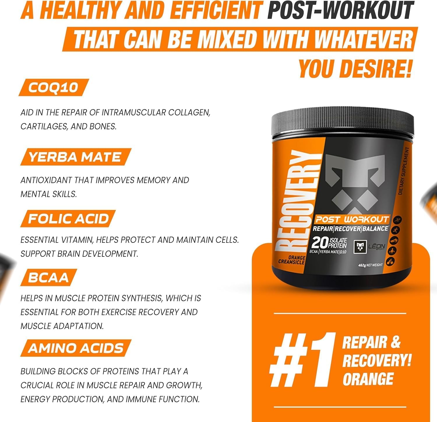 LEÓN SPORT Post Workout Recovery Powder with Protein, COQ10, Amino Acids, BCAA - 14 Servings