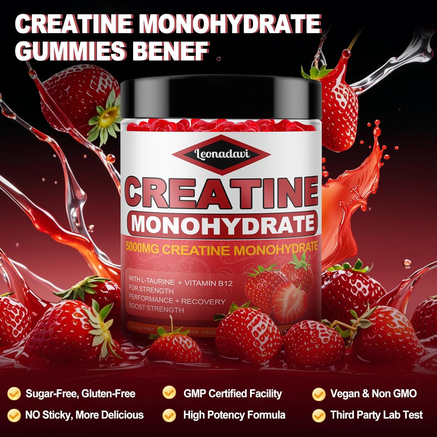 Leonadavi Creatine Monohydrate Gummies 6200mg - Muscle Builder with L-Taurine & Vitamin B12 - Strawberry Flavor - 120 Count
