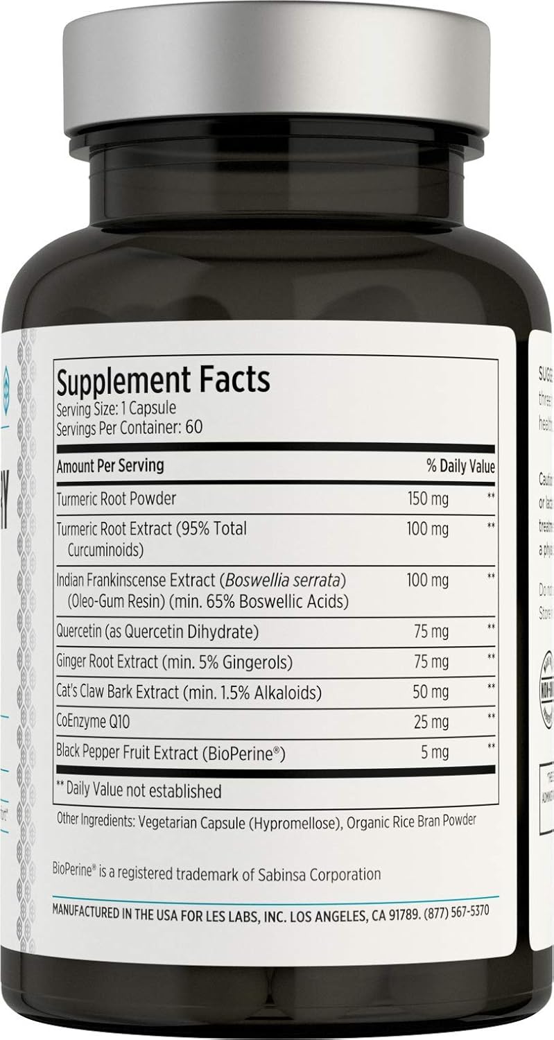 LES Labs Inflammatory Health Supplement - Joint Support, Muscle Function, Mobility - Turmeric, Boswellia, Quercetin, Ginger, CoQ10 - Non-GMO - 60 Capsules