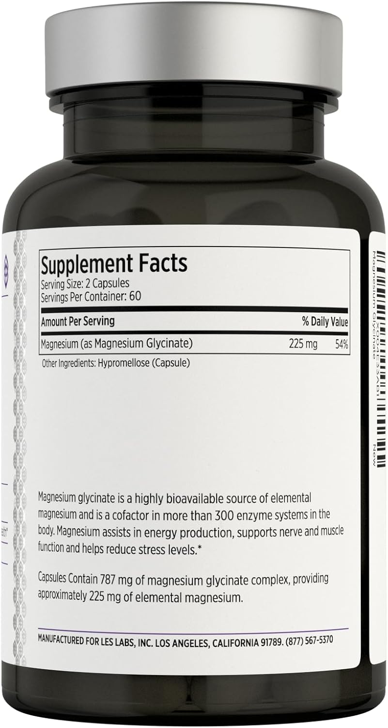 LES Labs Magnesium Glycinate Capsules for Restful Sleep, Heart Health, Stress Relief, Metabolism - Non-GMO Formula for Nerve & Muscle Function, Gentle on Digestion - 120 Count