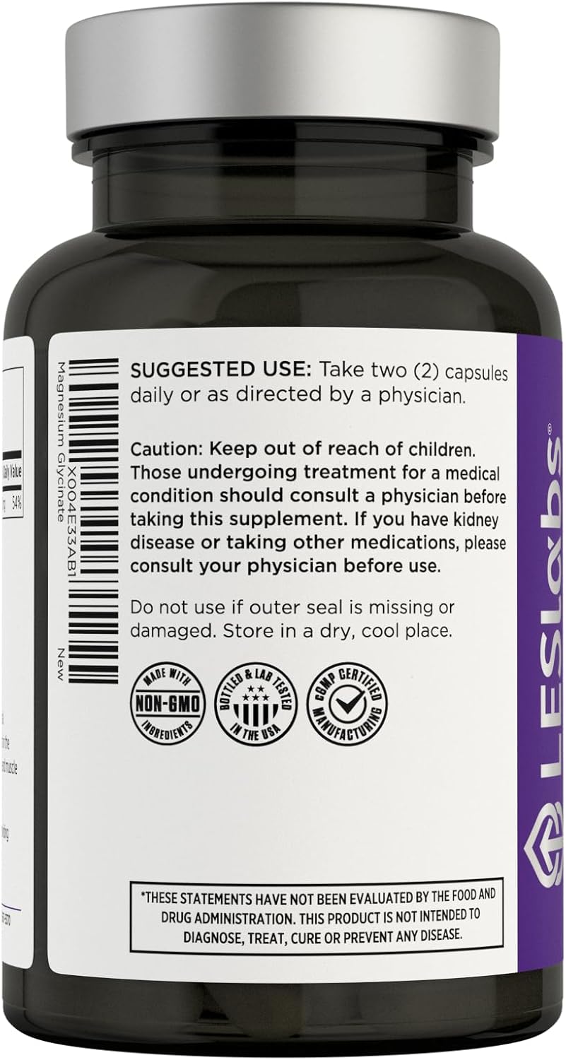 LES Labs Magnesium Glycinate Capsules for Restful Sleep, Heart Health, Stress Relief, Metabolism - Non-GMO Formula for Nerve & Muscle Function, Gentle on Digestion - 120 Count