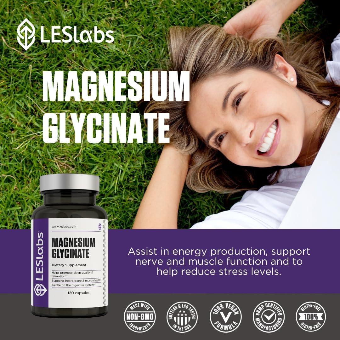 LES Labs Magnesium Glycinate Capsules for Restful Sleep, Heart Health, Stress Relief, Metabolism - Non-GMO Formula for Nerve & Muscle Function, Gentle on Digestion - 120 Count