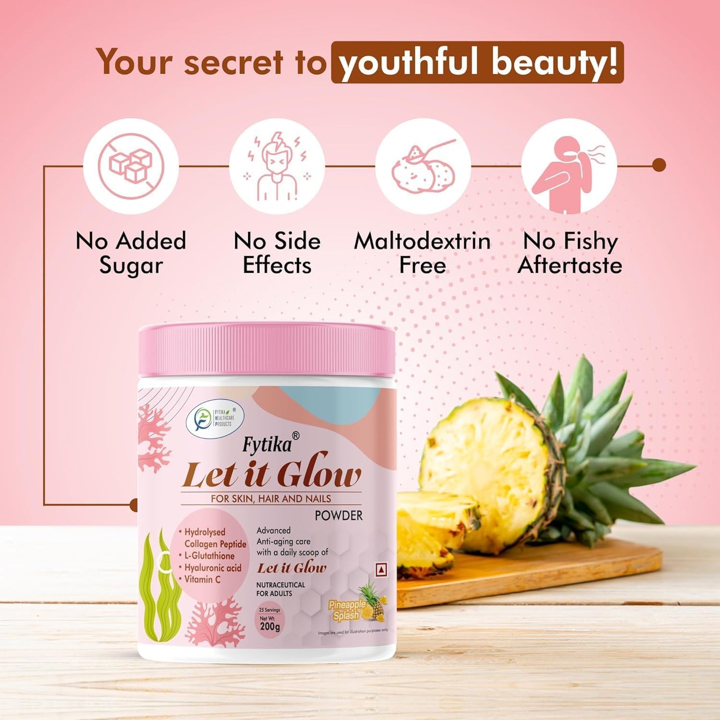Let It Glow Collagen Supplement with L-Glutathione, Vitamin C, and Sesbania Agati Extract for Healthy Skin, Hair, and Nails - Pineapple Flavor (1 Pack)