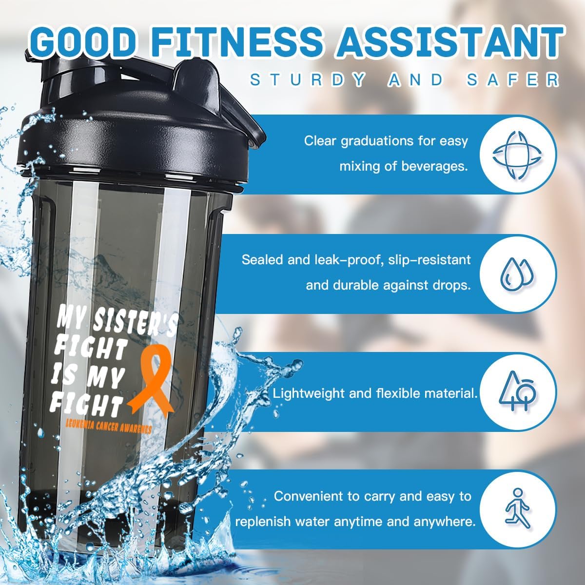 Leukemia Cancer Awareness 18oz Shaker Bottle for Protein Shakes - Leak-proof Meal Replacement Bottle in Black - 500ml