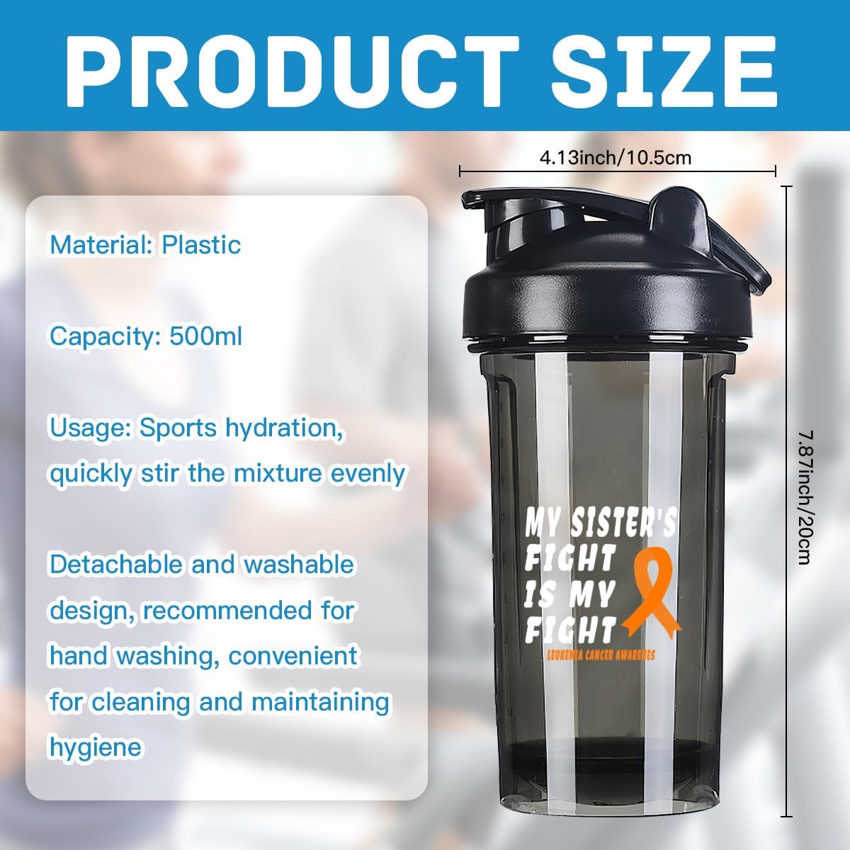 Leukemia Cancer Awareness 18oz Shaker Bottle for Protein Shakes - Leak-proof Meal Replacement Bottle in Black - 500ml