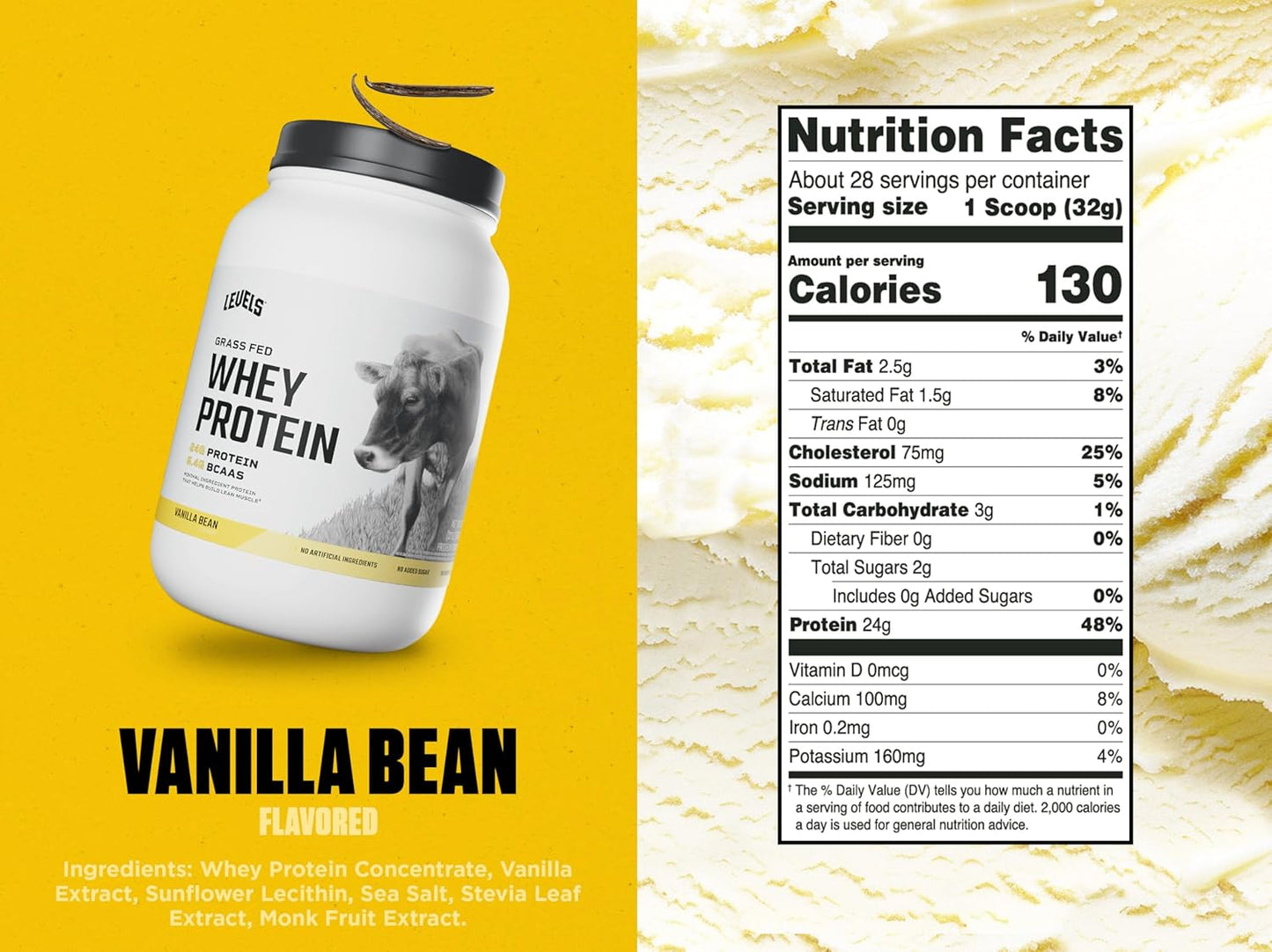 Levels Nutrition Grass-Fed Whey Protein Powder, 24g Protein, Vanilla Bean Flavor, 2LB - No Artificial Ingredients