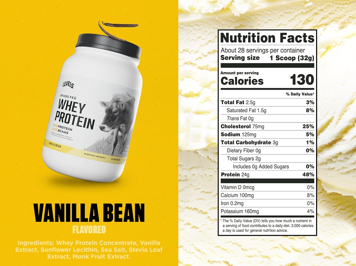 Levels Nutrition Grass-Fed Whey Protein Powder, 24g Protein, Vanilla Bean Flavor, 2LB - No Artificial Ingredients