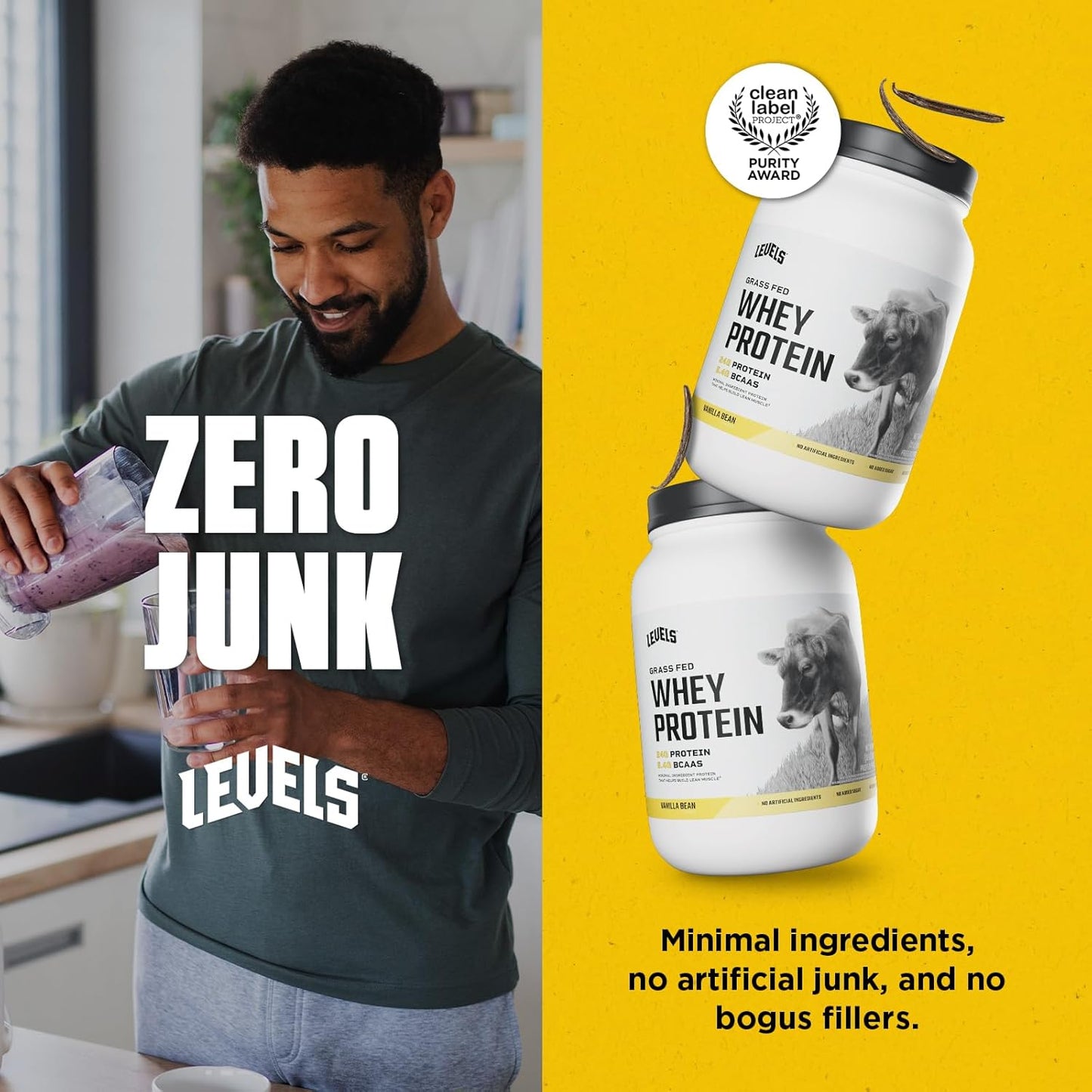 Levels Nutrition Grass-Fed Whey Protein Powder, 24g Protein, Vanilla Bean Flavor, 2LB - No Artificial Ingredients