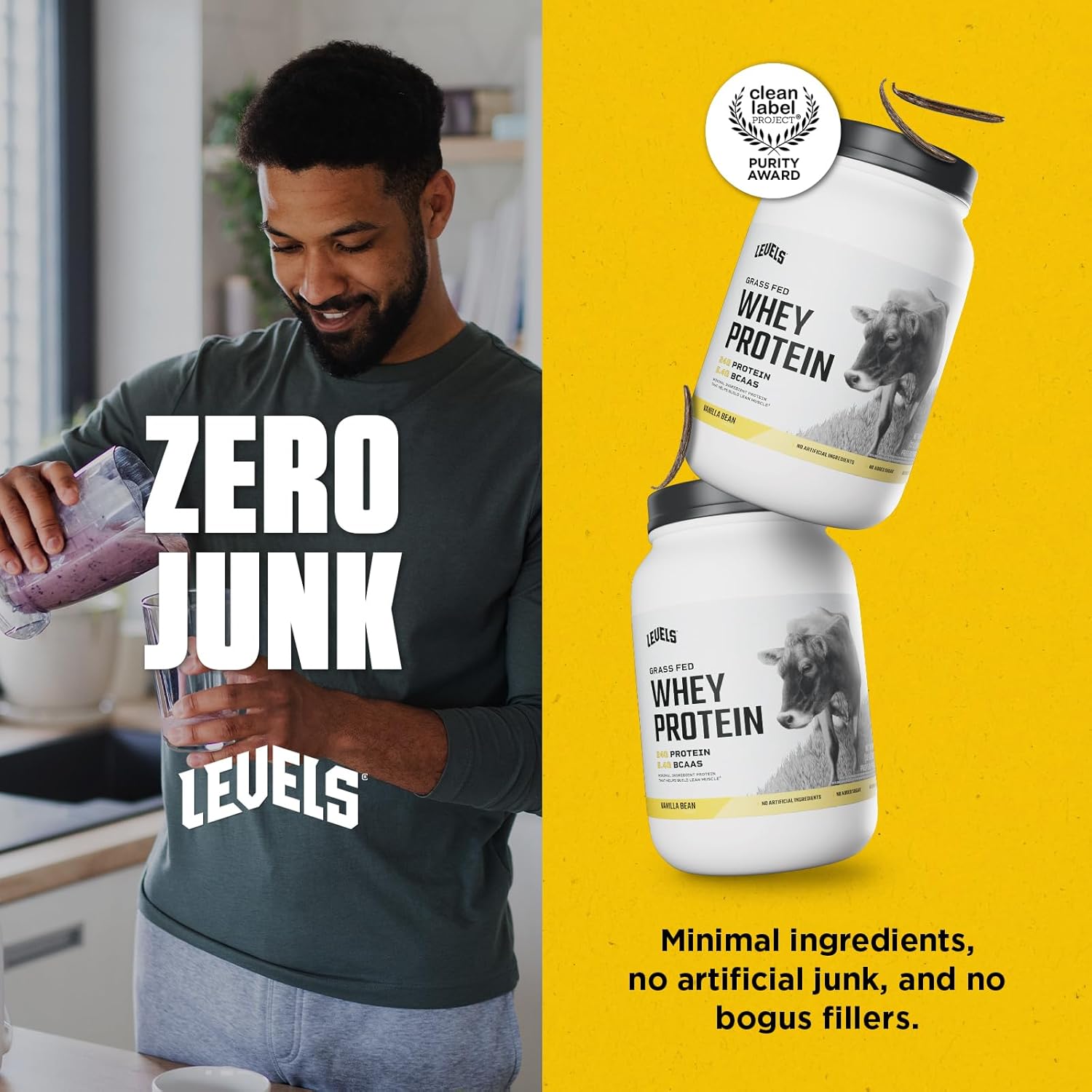 Levels Nutrition Grass-Fed Whey Protein Powder, 24g Protein, Vanilla Bean Flavor, 2LB - No Artificial Ingredients