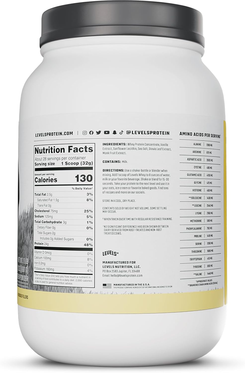Levels Nutrition Grass-Fed Whey Protein Powder, 24g Protein, Vanilla Bean Flavor, 2LB - No Artificial Ingredients