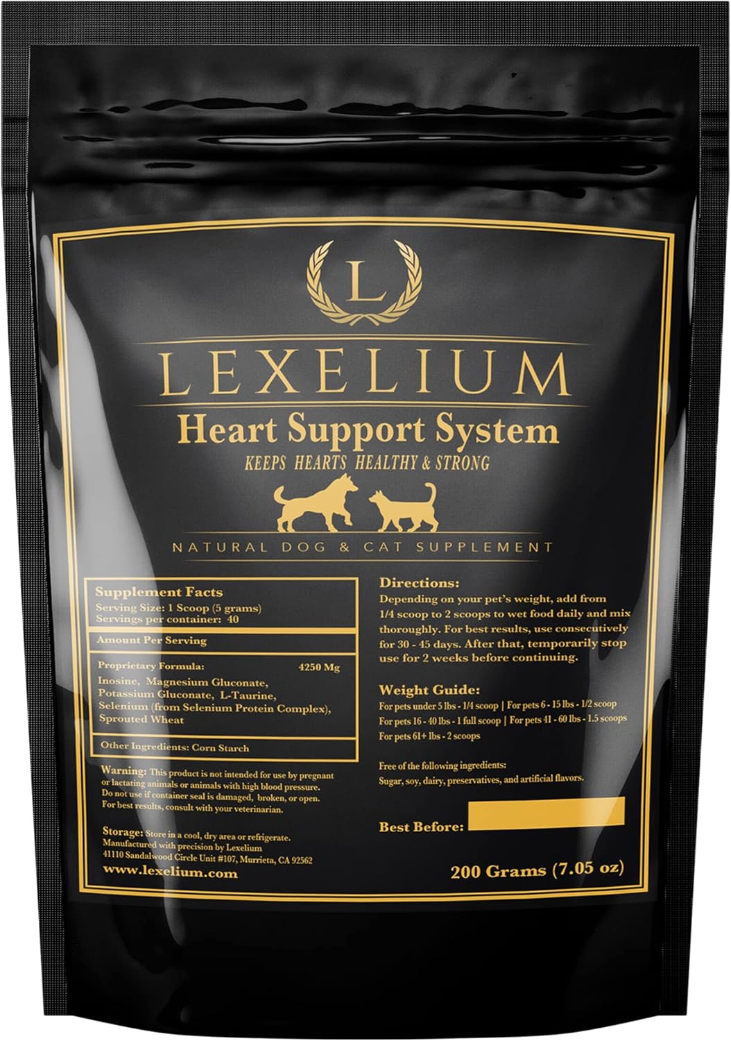 Lexelium Heart Health Supplement for Dogs and Cats - Supports Cardiovascular Health with Taurine - Promotes Healthy Hearts & Circulation - 200g Powder