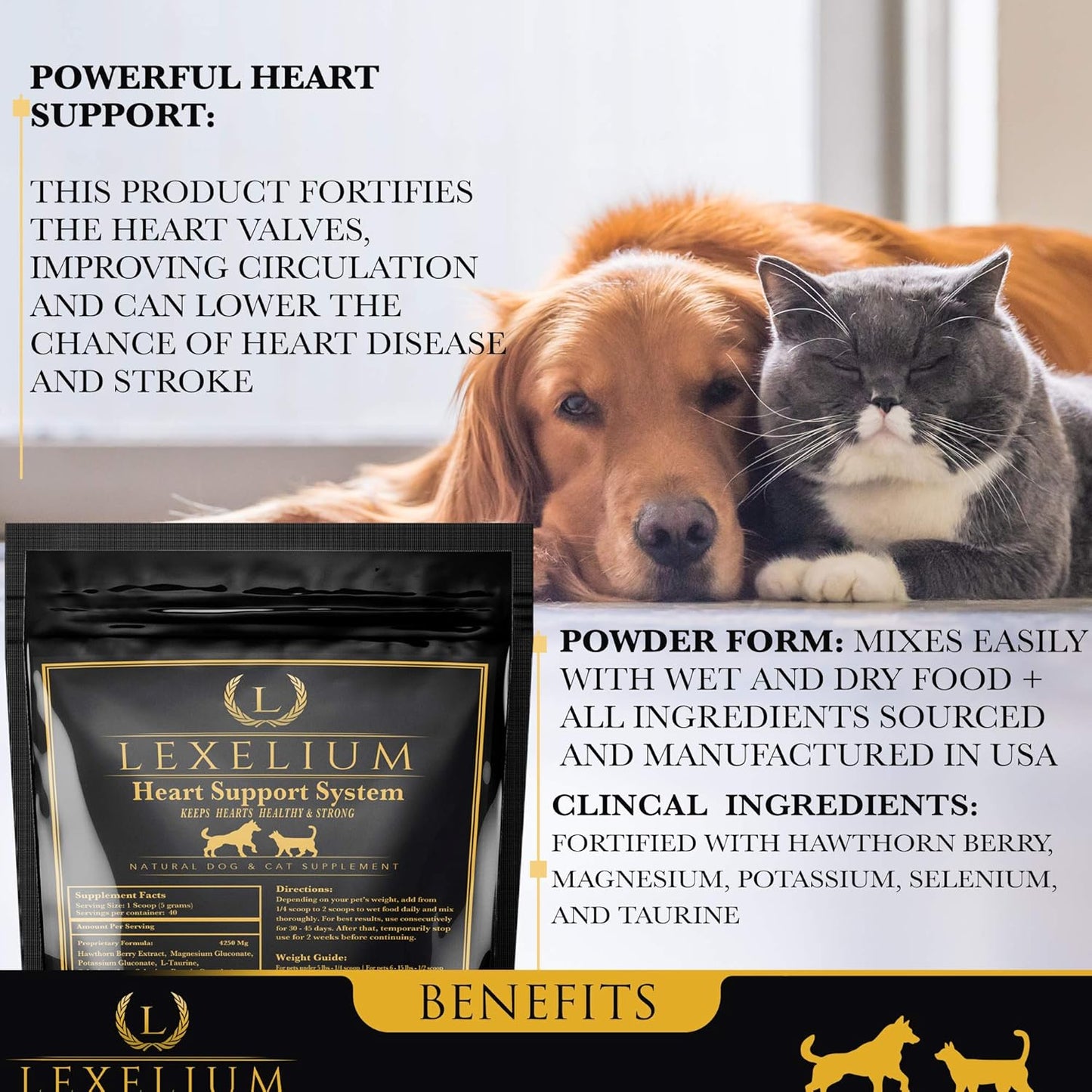 Lexelium Heart Health Supplement for Dogs and Cats - Supports Cardiovascular Health with Taurine - Promotes Healthy Hearts & Circulation - 200g Powder