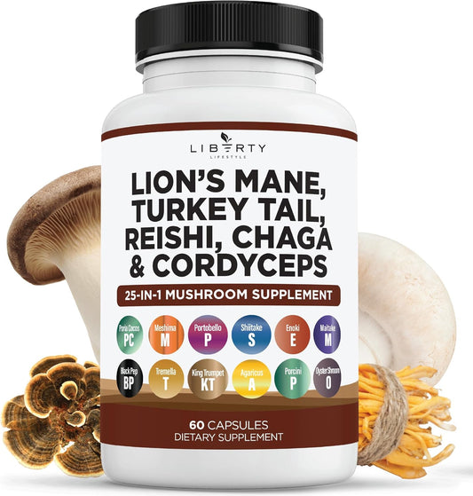 Liberty Lifestyle Lions Mane Mushroom Supplement with Turkey Tail Reishi Cordyceps Chaga & Marshmallow Root - 1-Pack