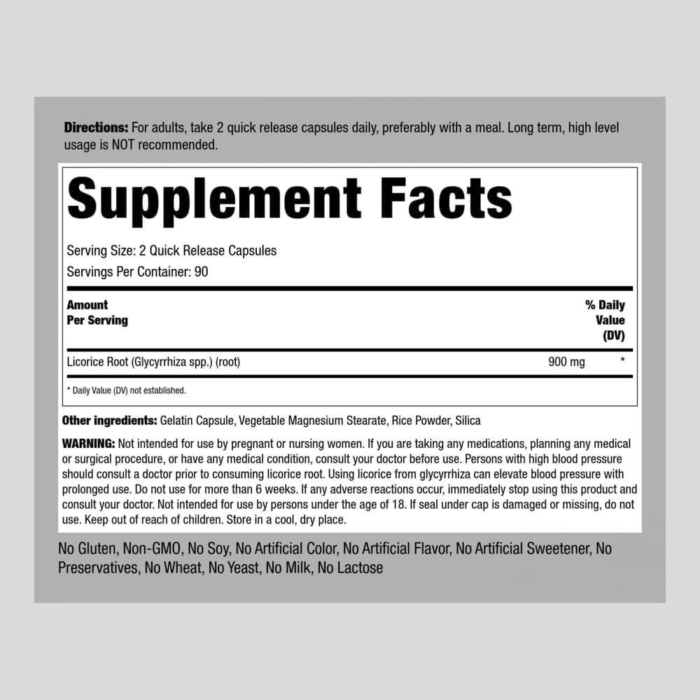 Licorice Root Extract Capsules 900mg - 180 Count - Non-GMO & Gluten Free Supplement by Piping Rock
