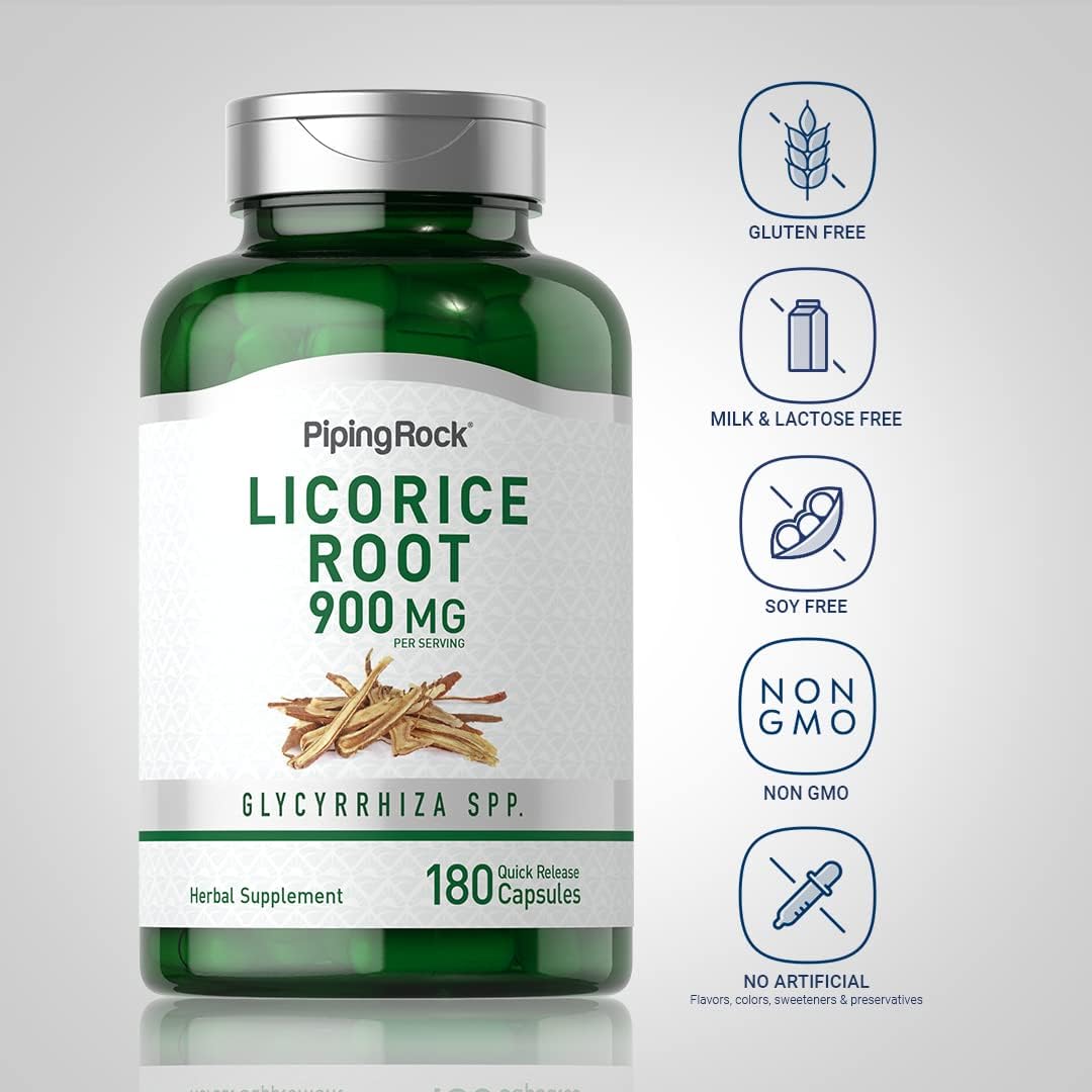 Licorice Root Extract Capsules 900mg - 180 Count - Non-GMO & Gluten Free Supplement by Piping Rock