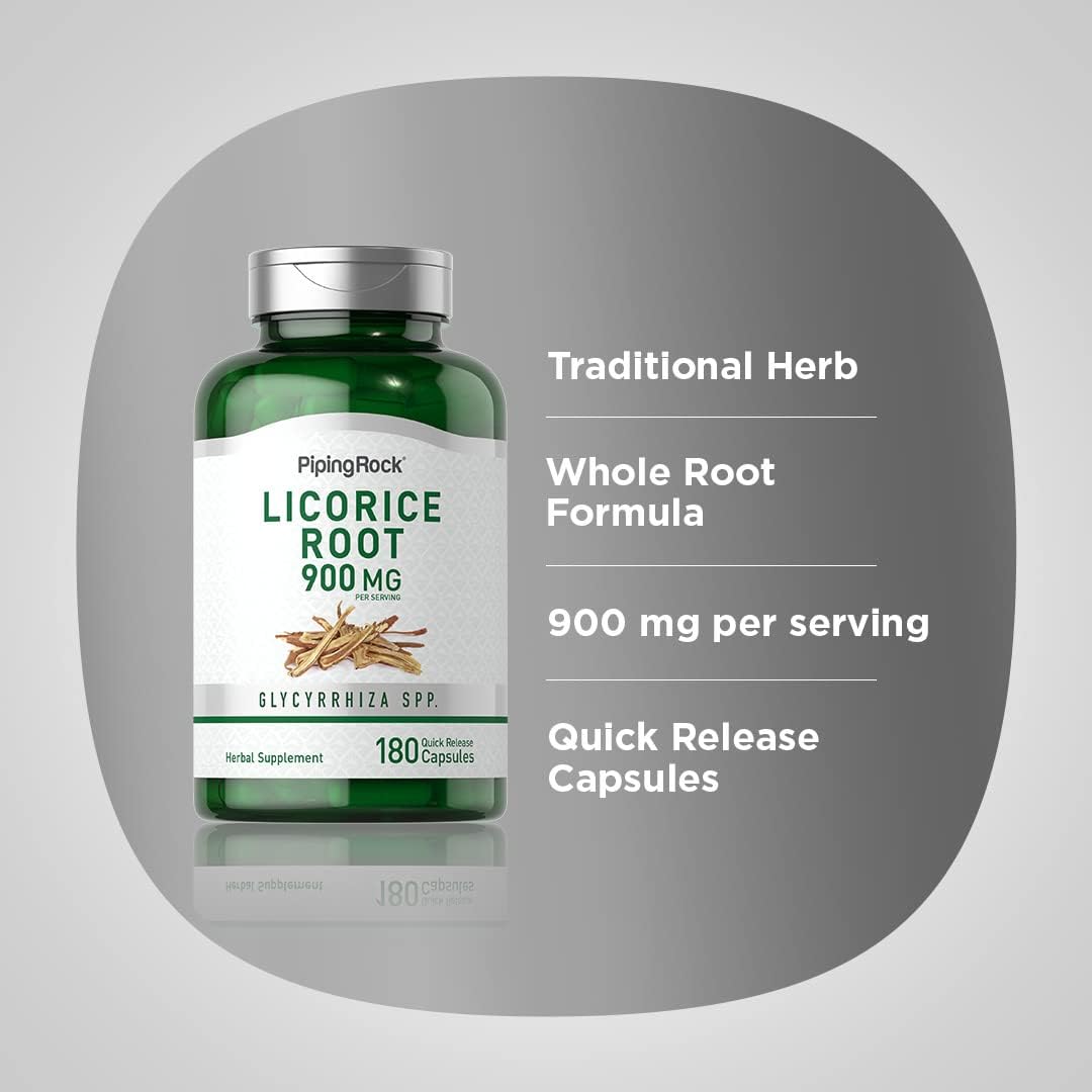 Licorice Root Extract Capsules 900mg - 180 Count - Non-GMO & Gluten Free Supplement by Piping Rock