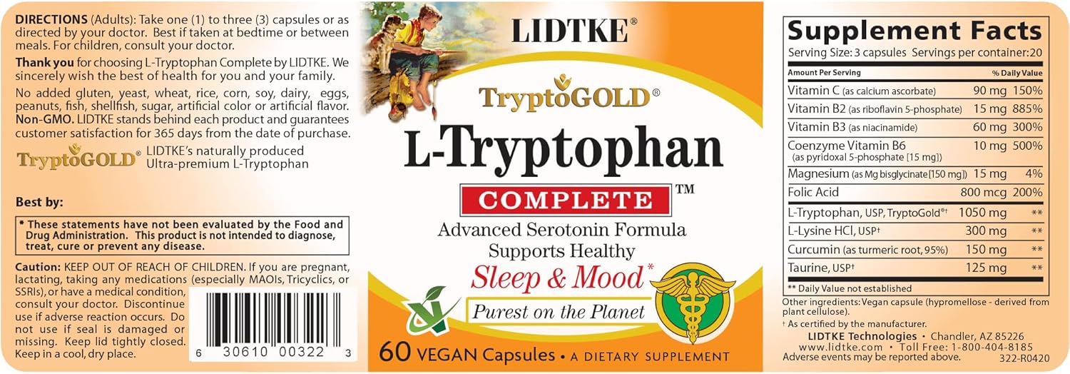 LIDTKE L-Tryptophan Complete Supplement - 60 Capsules for Mood and Sleep Support