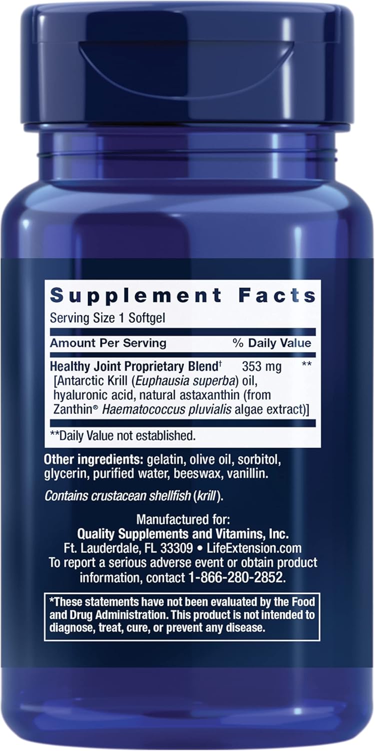 Life Extension Krill Healthy Joint Formula with Astaxanthin & Hyaluronic Acid - 30 Softgels, Gluten-Free & Non-GMO