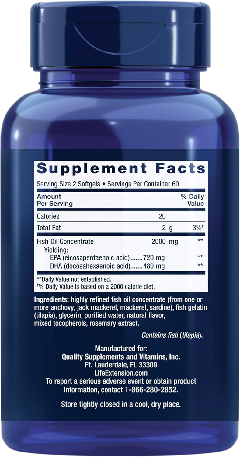 Life Extension Mega EPA/DHA Softgels - Omega-3 Fatty Acids for Heart & Brain Health, Inflammation Support - Non-GMO, Gluten-Free - 120 Count