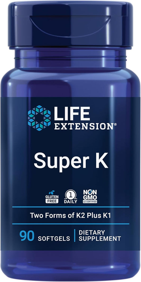 Life Extension Super K Softgels - Vitamin K1/K2, Vitamin C, Bone/Heart/Arterial Health Support - 90 Count, 3 Month Supply, Non-GMO, Gluten-Free, 1 Daily