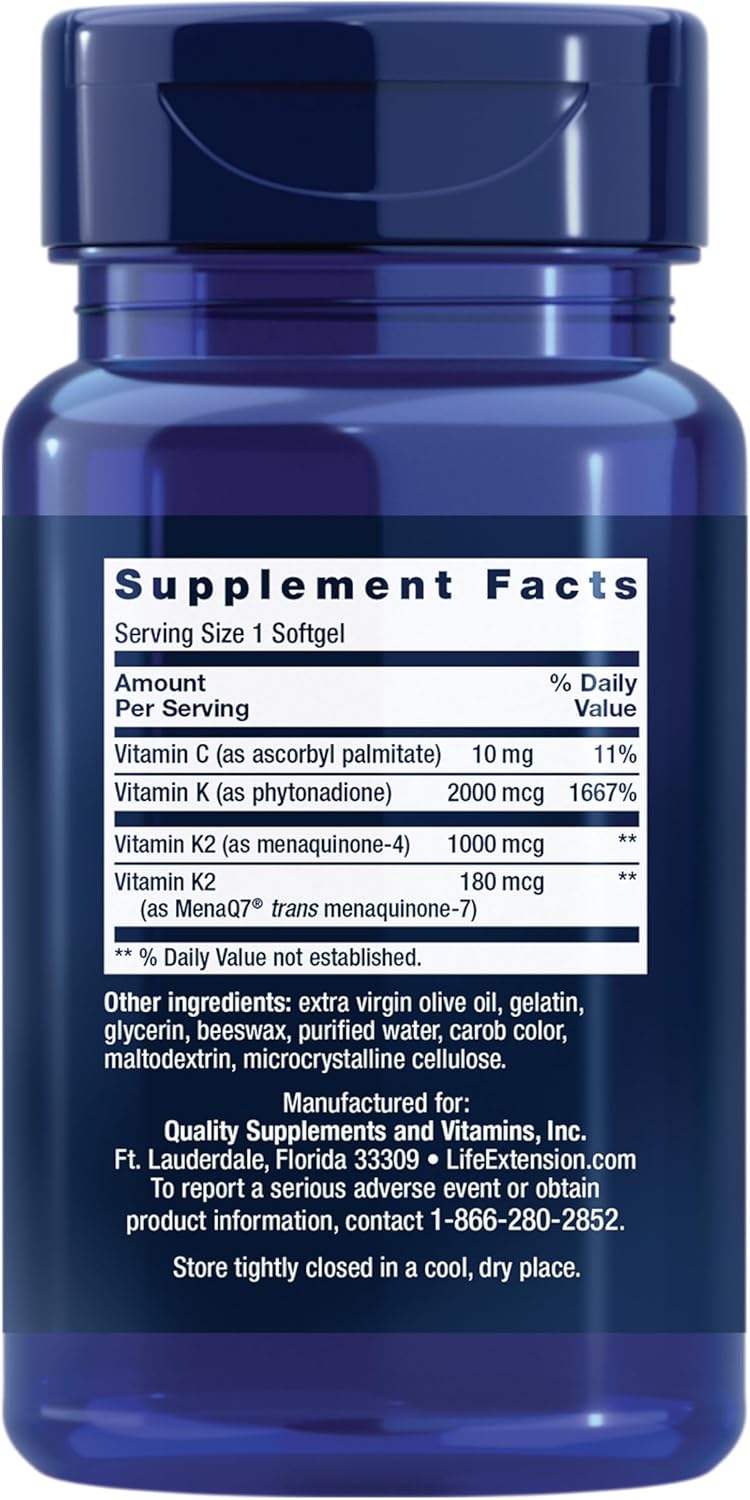 Life Extension Super K Softgels - Vitamin K1/K2, Vitamin C, Bone/Heart/Arterial Health Support - 90 Count, 3 Month Supply, Non-GMO, Gluten-Free, 1 Daily