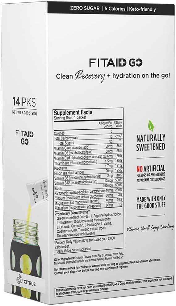 LIFEAID FITAID GO ZERO SUGAR Hydration Packets with BCAAs, Glucosamine, and Electrolytes - Keto-Friendly, Vegan, Gluten-Free, 5 calories, 14 Pack