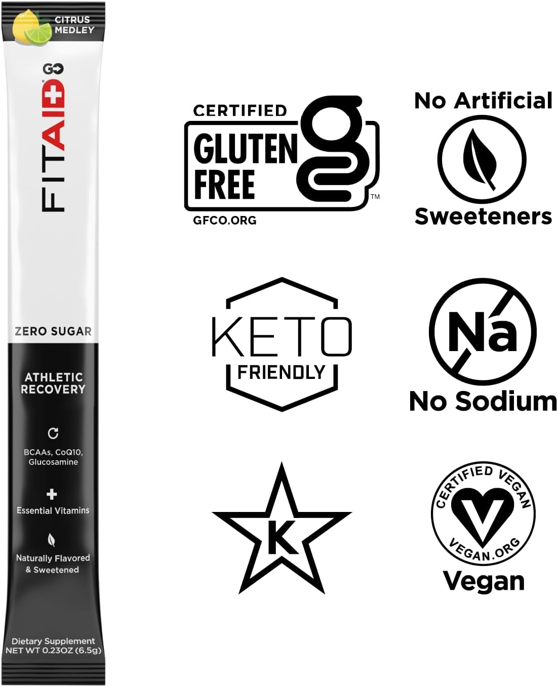 LIFEAID FITAID GO ZERO SUGAR Hydration Packets with BCAAs, Glucosamine, and Electrolytes - Keto-Friendly, Vegan, Gluten-Free, 5 calories, 14 Pack