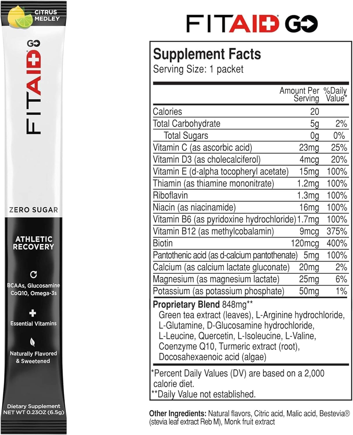 LIFEAID FITAID GO ZERO SUGAR Hydration Packets with BCAAs, Glucosamine, and Electrolytes - Keto-Friendly, Vegan, Gluten-Free, 5 calories, 14 Pack
