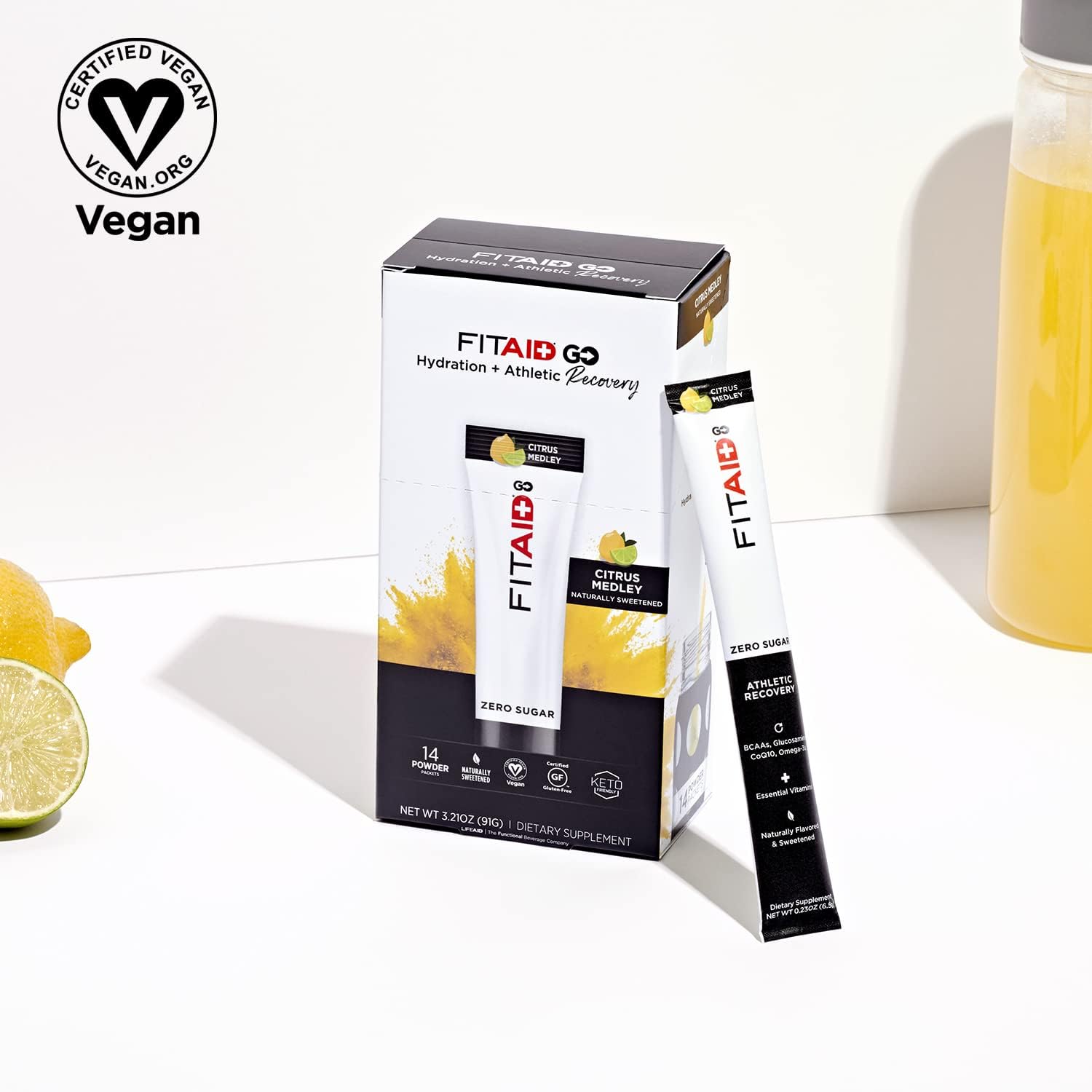 LIFEAID FITAID GO ZERO SUGAR Hydration Packets with BCAAs, Glucosamine, and Electrolytes - Keto-Friendly, Vegan, Gluten-Free, 5 calories, 14 Pack