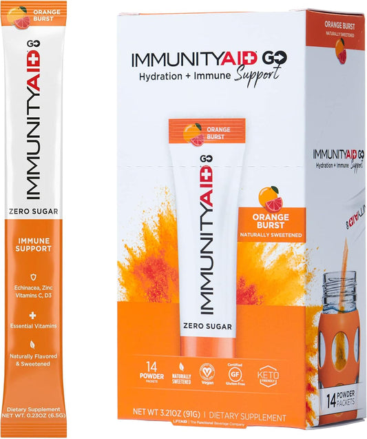 LIFEAID IMMUNITYAID GO! Zero Sugar Immunity + Hydration Packets with Vitamin C, Echinacea, Zinc, Astragalus Root - Keto, Vegan, Gluten-Free - 5 Calories, Naturally Sweetened, Caffeine-Free - 14 Pack