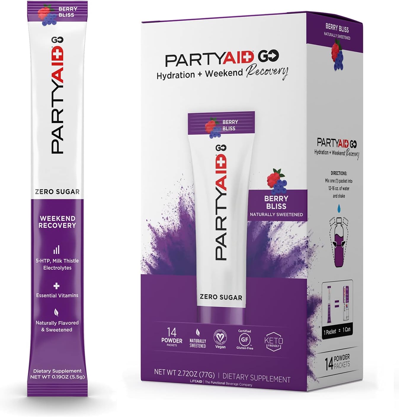 LIFEAID PARTYAID GO! - Hangover Prevention Drink with 5-HTP, B-Complex, Milk Thistle, Electrolytes - Zero Sugar, 14 Count Pack